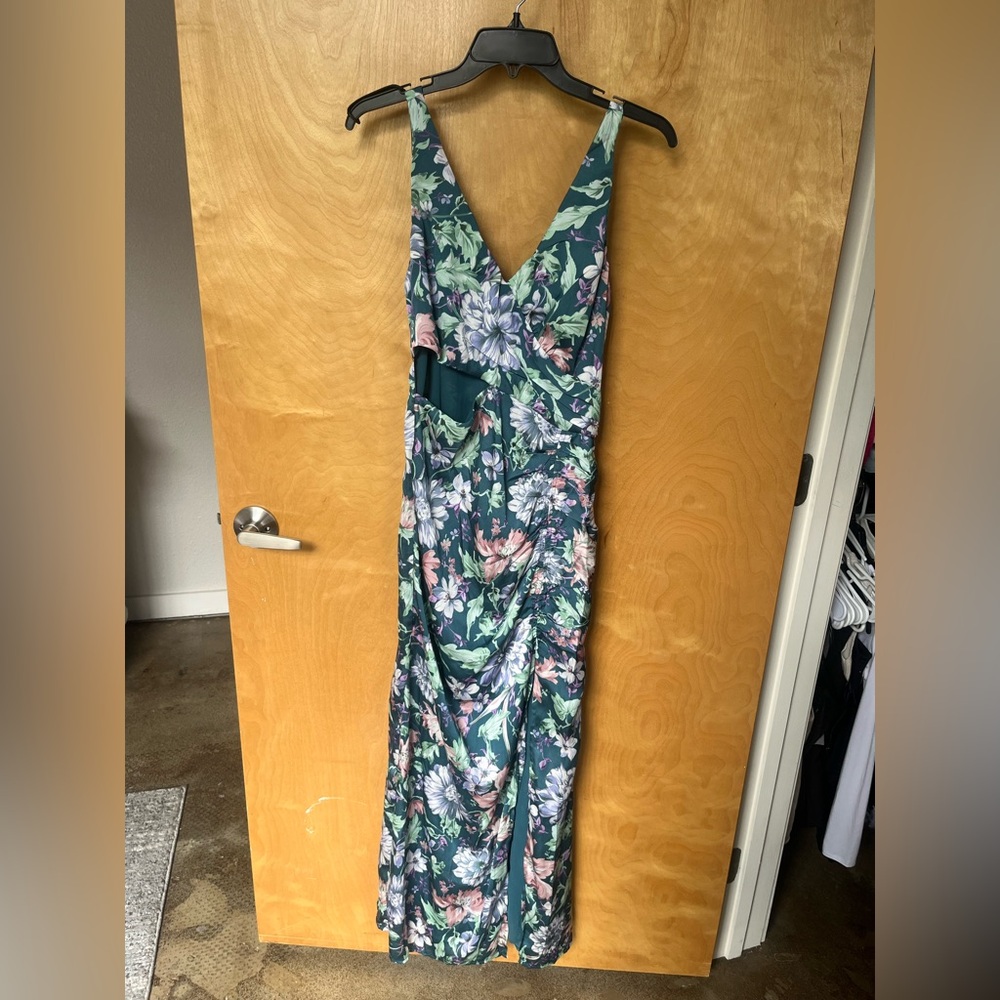 Silky Floral Dress with V-Neck, Cut-Out and Slit